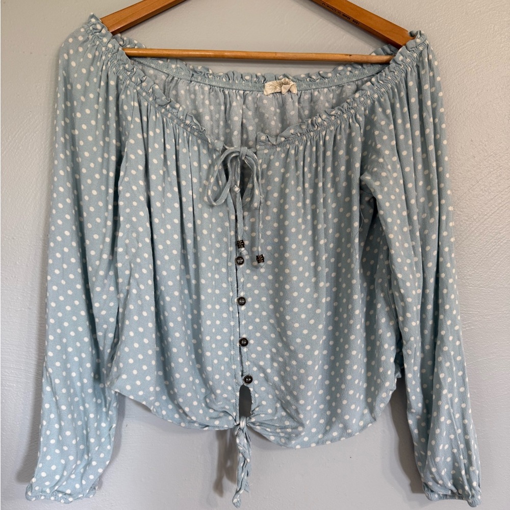 Blue Polka Dot Off-Shoulder Blouse